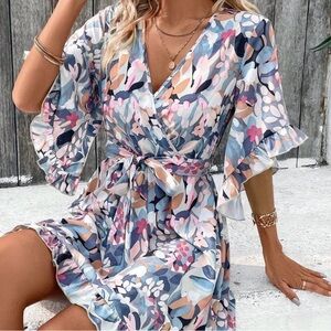 Multicolor Boho Womens Women's Printed Tie Waist Dress